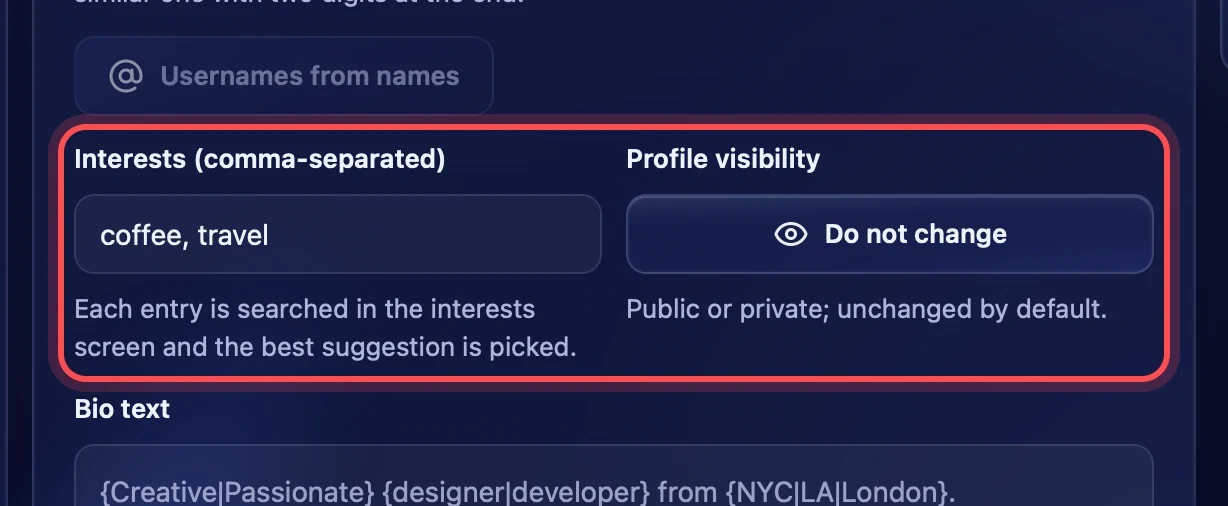 Interests and profile visibility