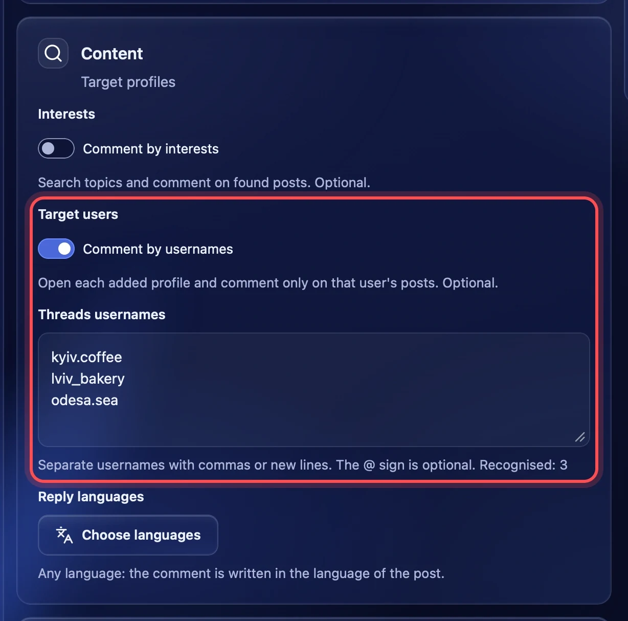 Comment by usernames