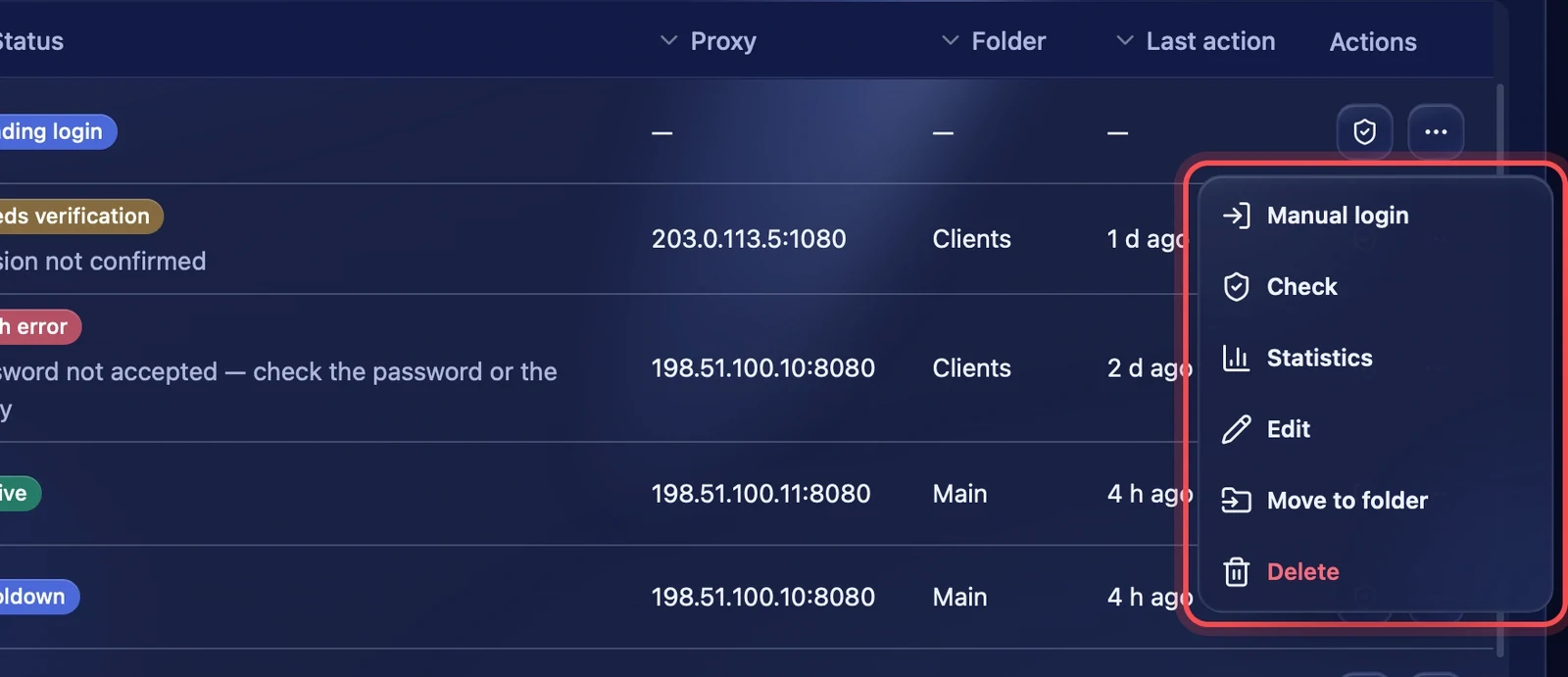 The account actions menu