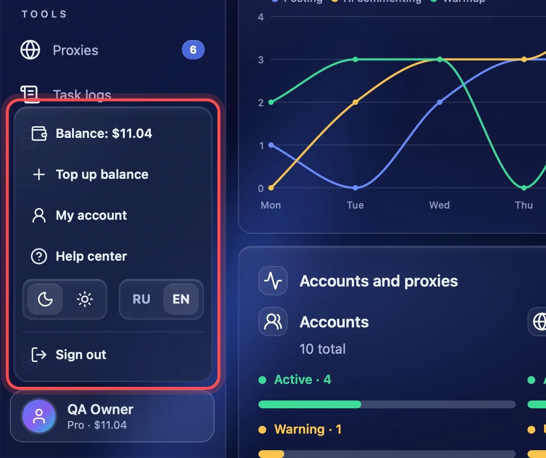 Profile menu