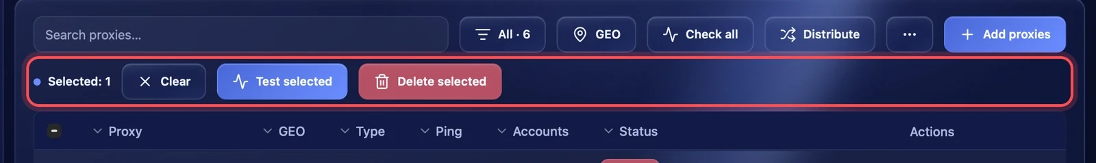 Actions for selected proxies