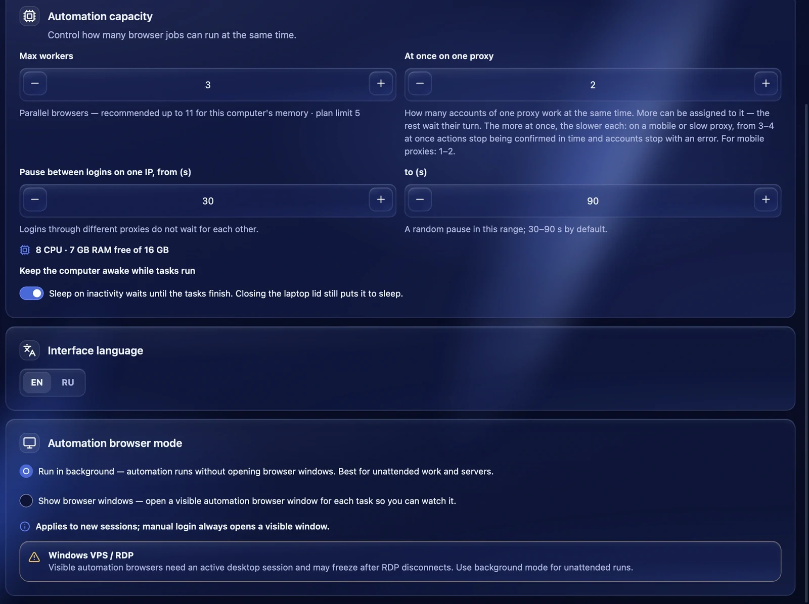 Language and browser mode