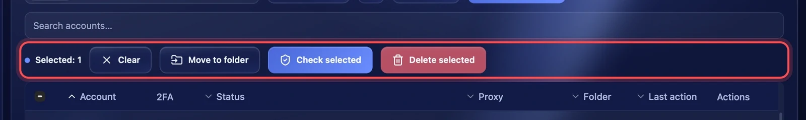 Actions for selected accounts