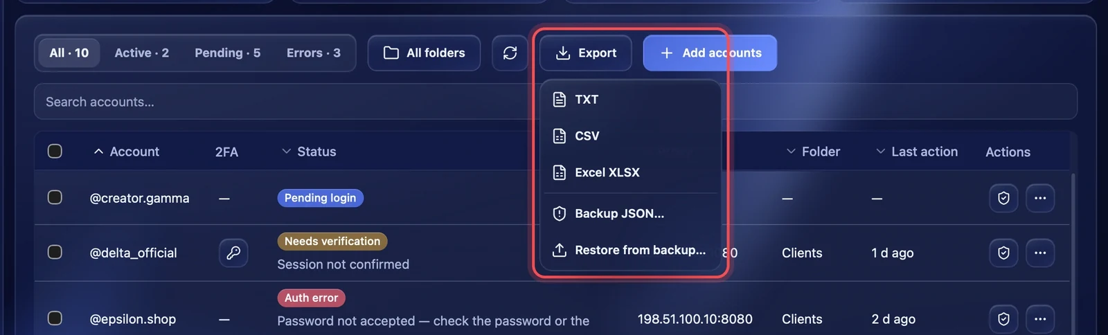 The export menu