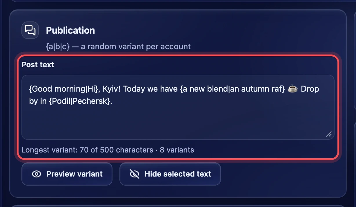 Post text with variants