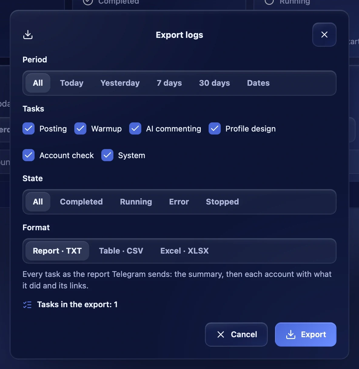 Exporting logs