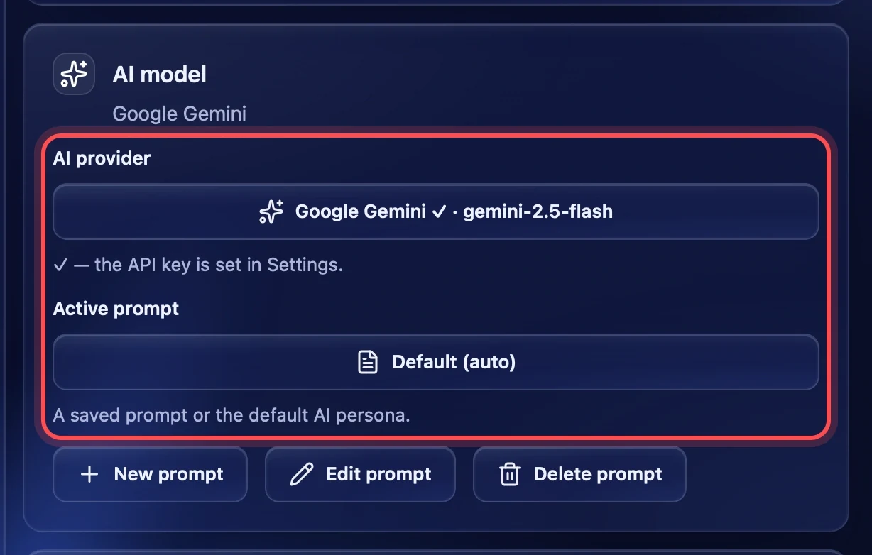 AI provider and active prompt