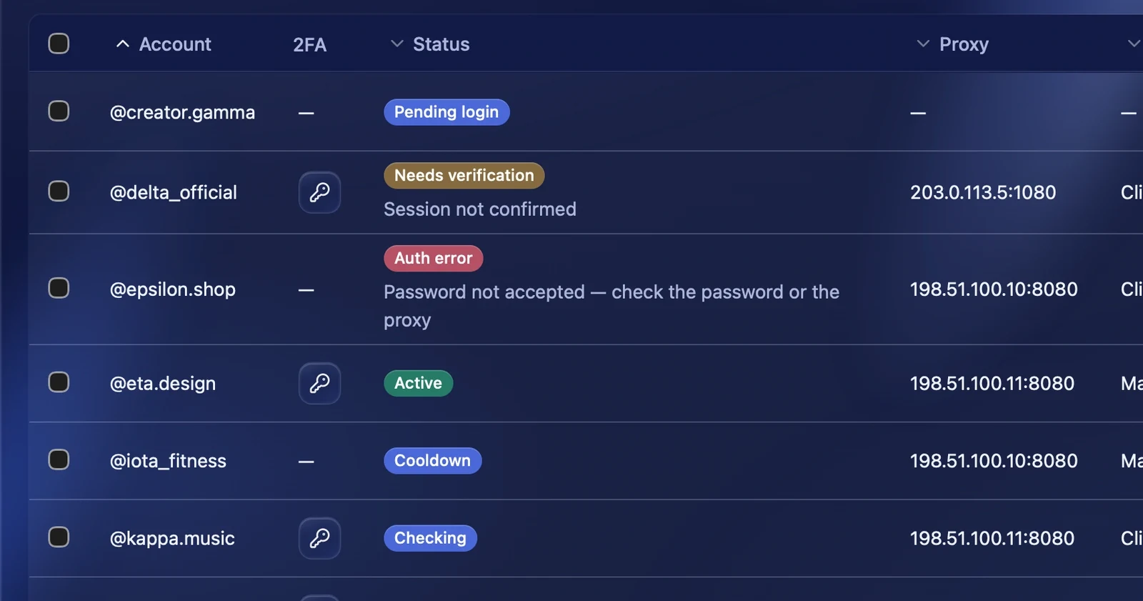 Statuses in the accounts table