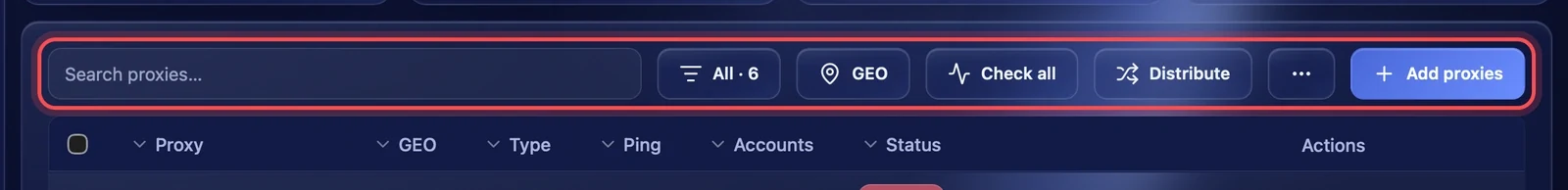 Search, filters and actions