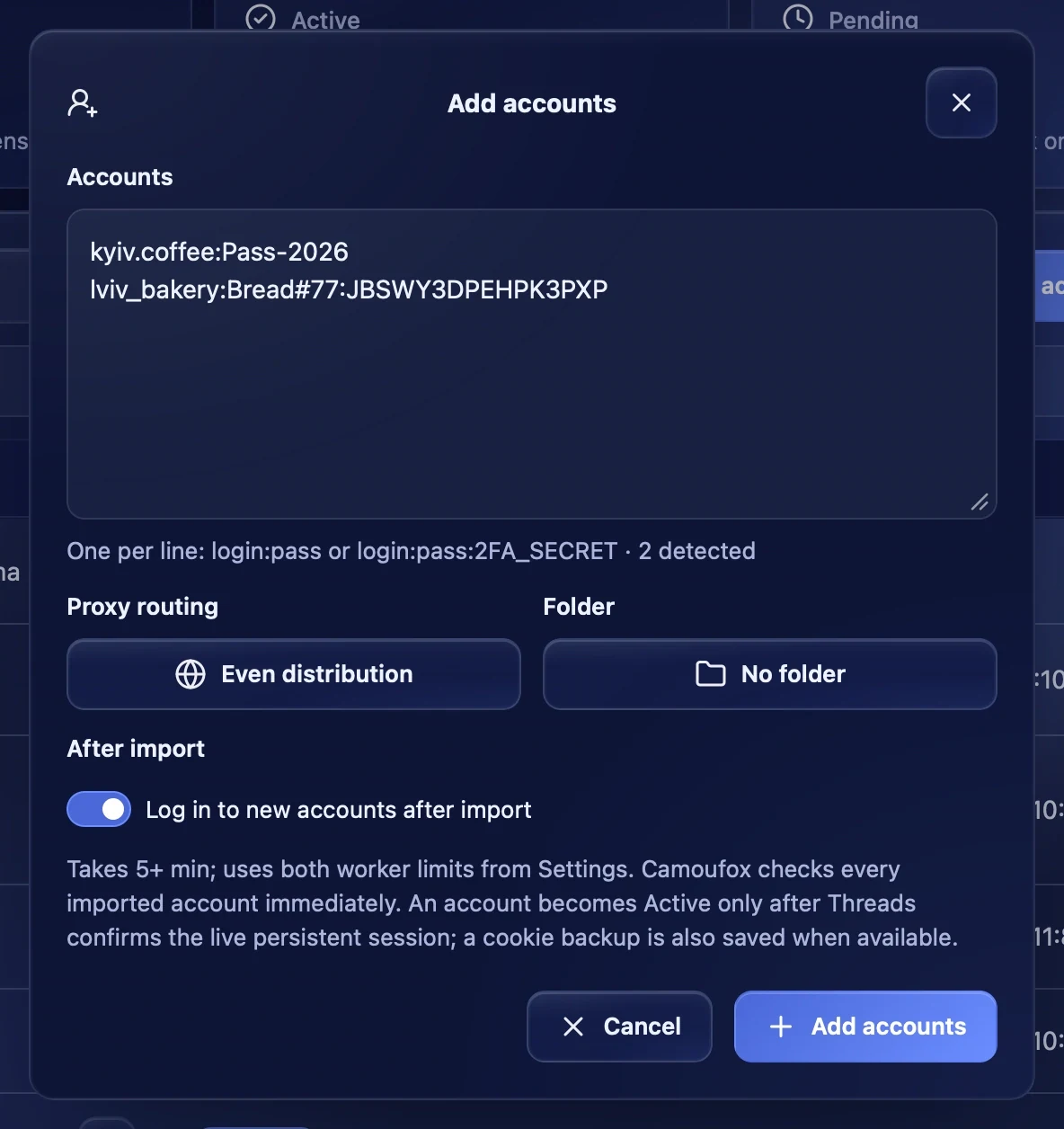 The add accounts window