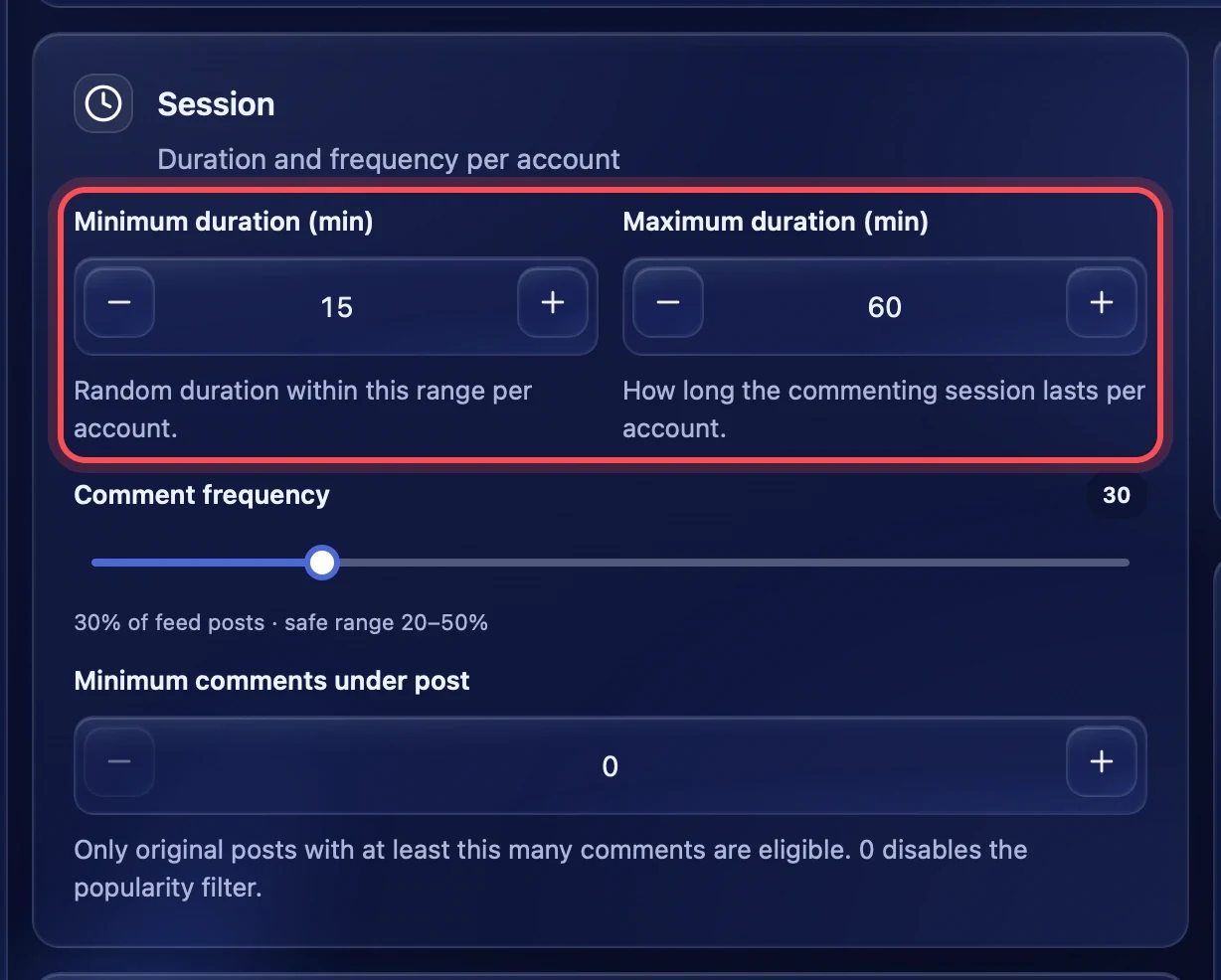 Minimum and maximum session duration