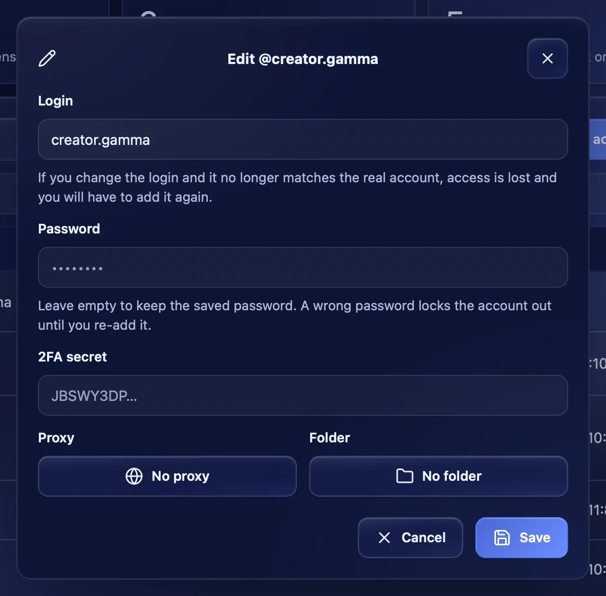 Editing an account