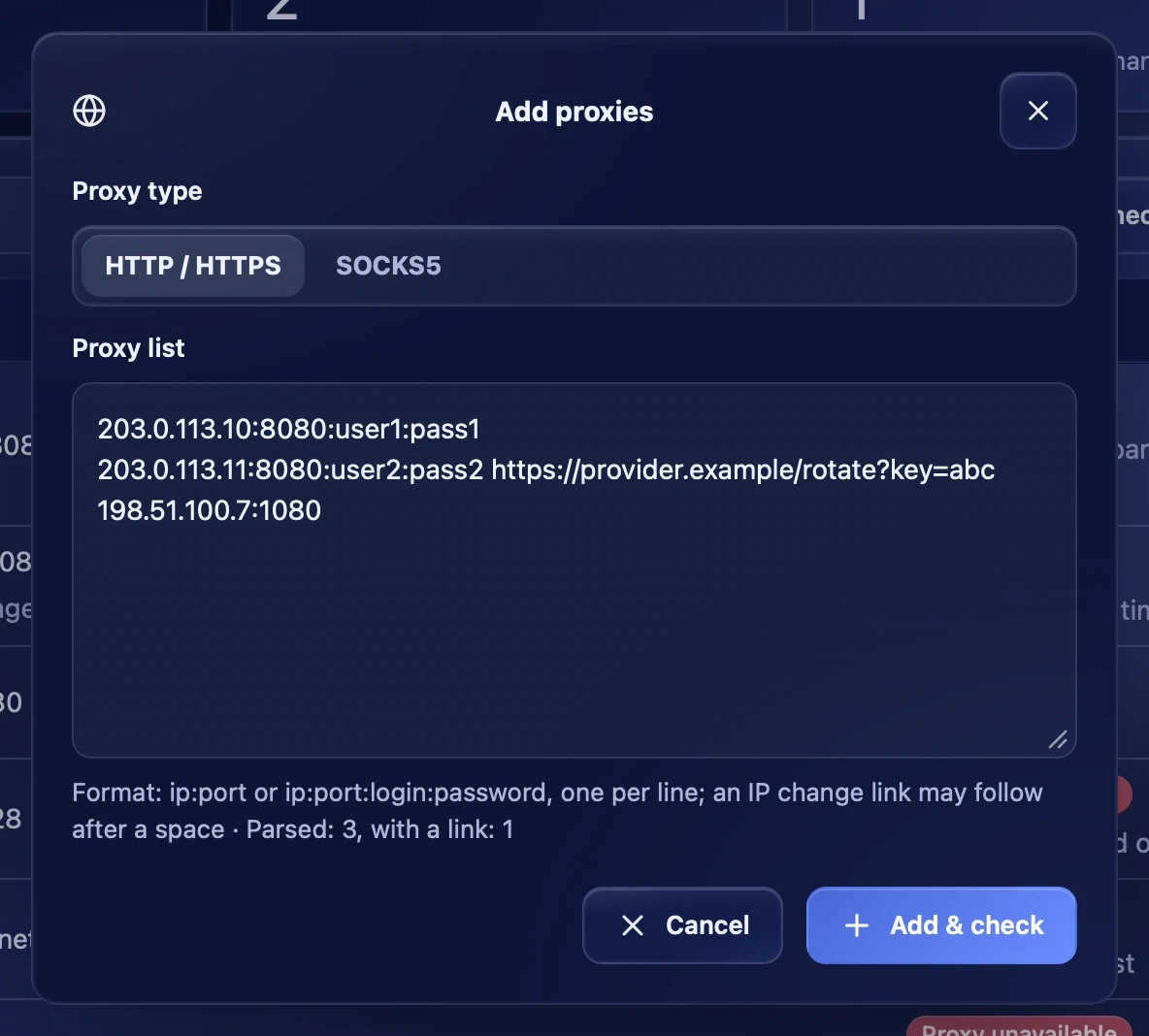 The add proxies window