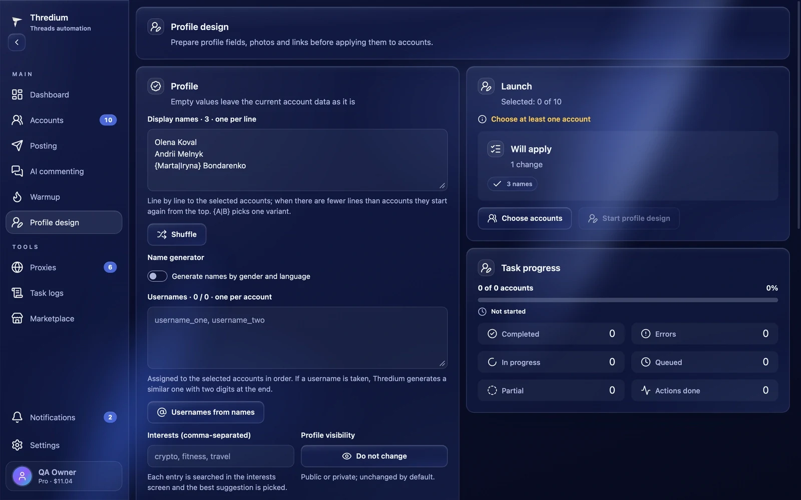The profile design page