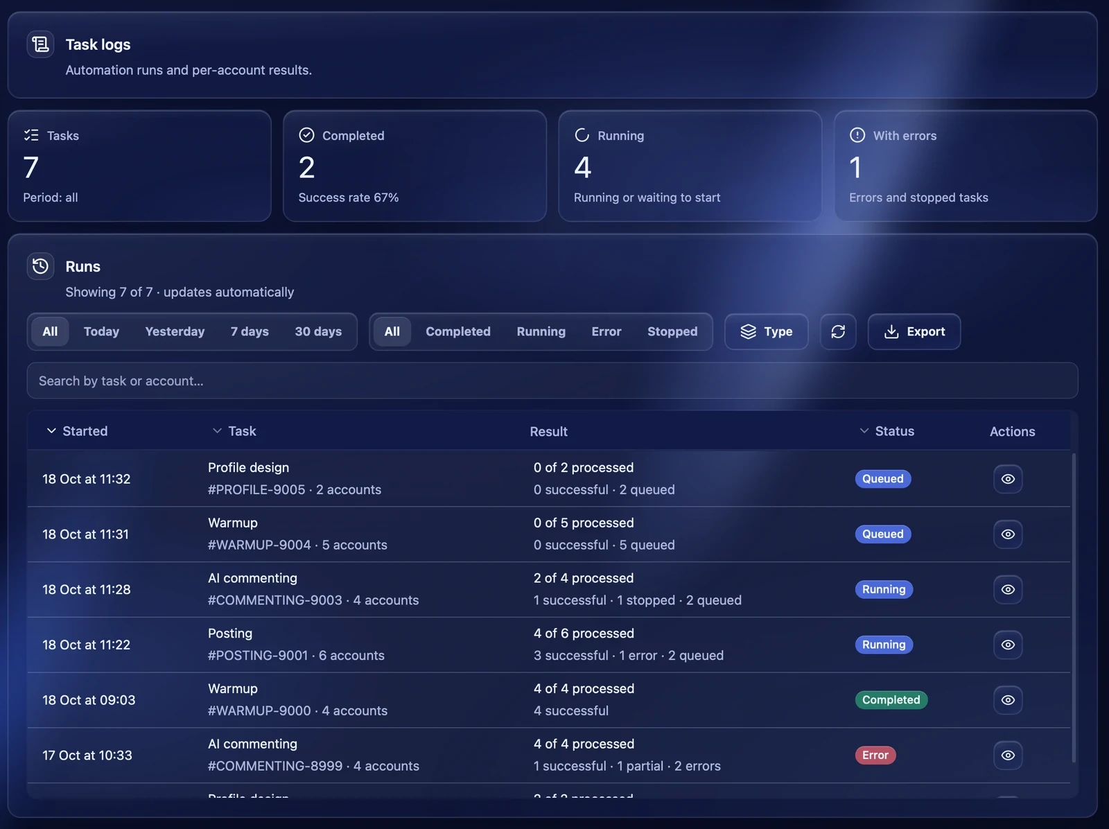 The "Task logs" section